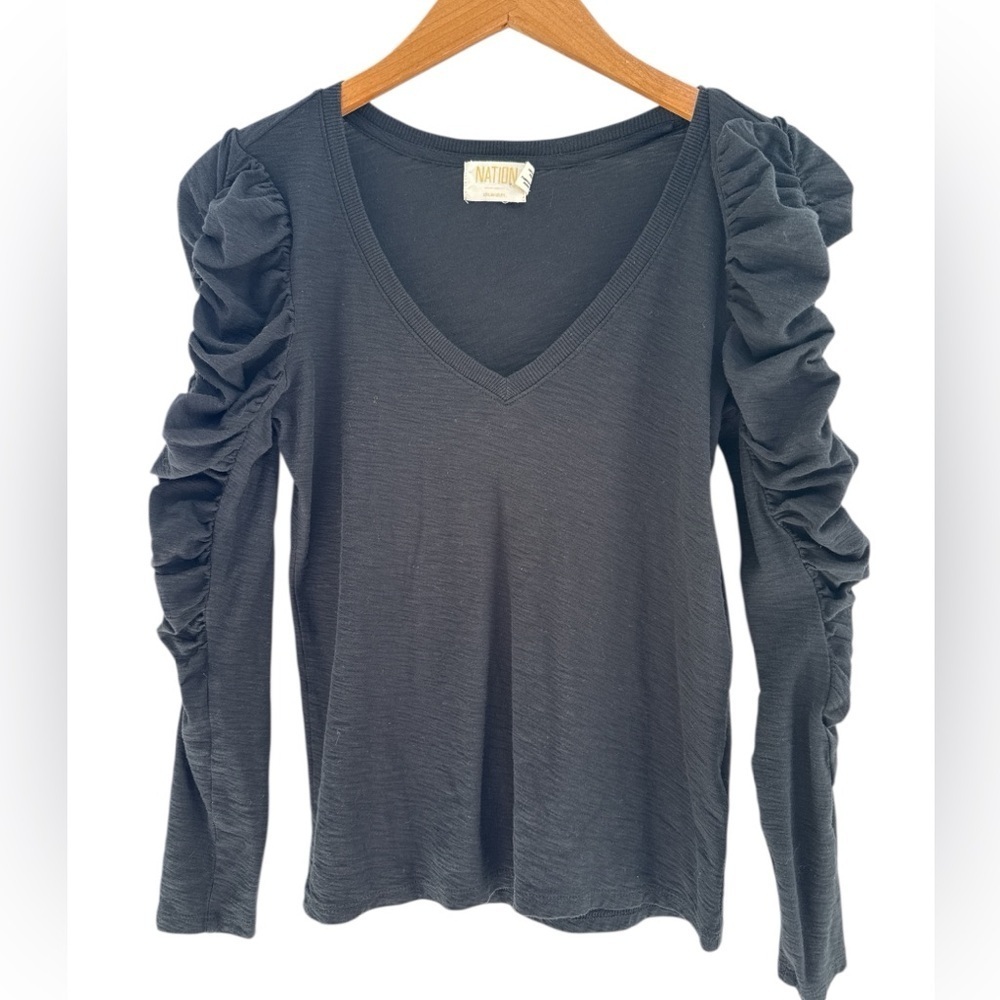 NATION LTD Kristen Ruched Sleeve V Neck Top in Black Size XS